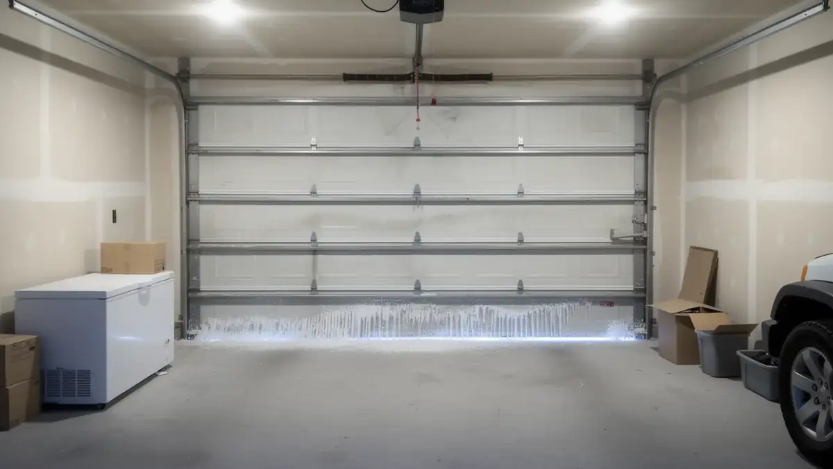 The white garage door has icicles hanging from the bottom edge.