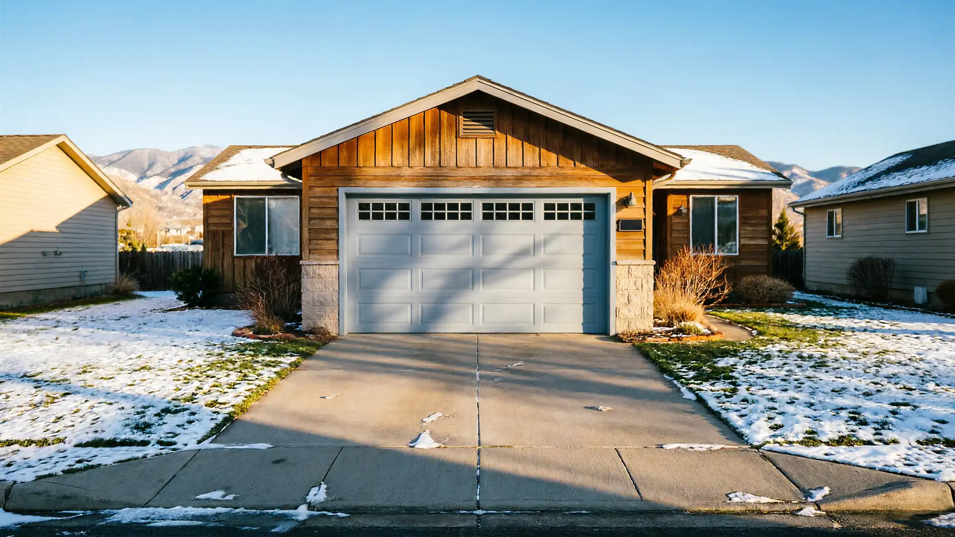 A light blue garage door is on a brown house with snow on the lawn.