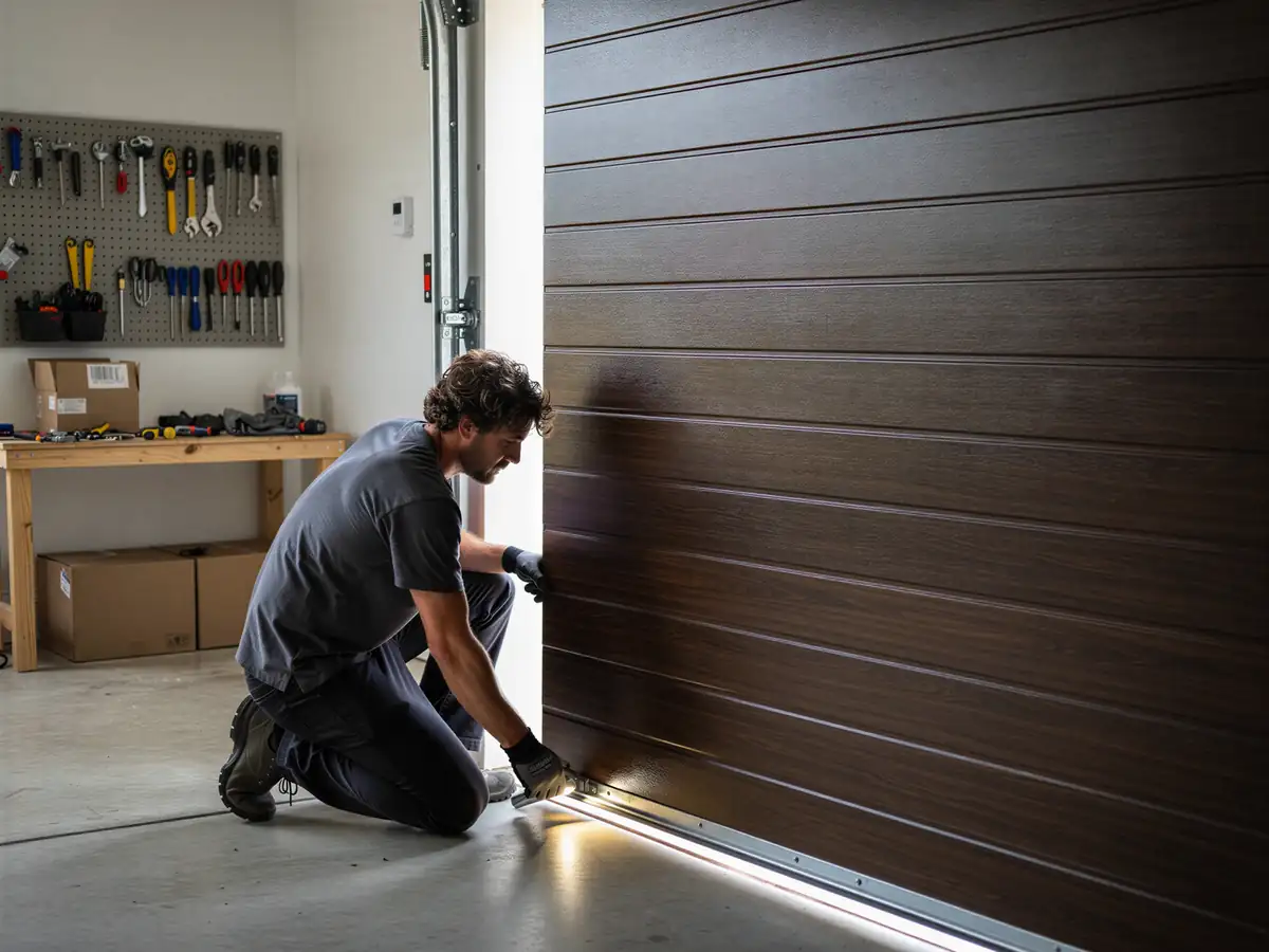 A technician kneels, inspecting the bottom of a brown garage door.