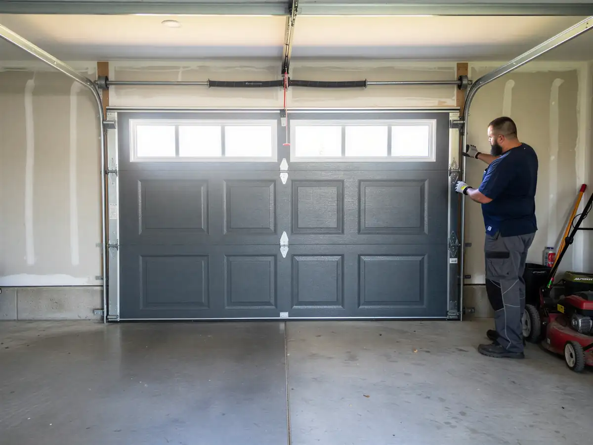 A technician adjusts a closed gray garage door with windows in a garage.